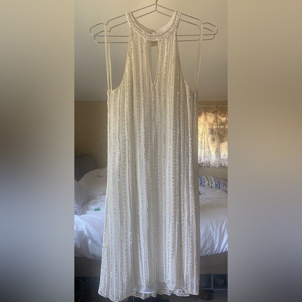 Parker Black White Silk Beaded Dress